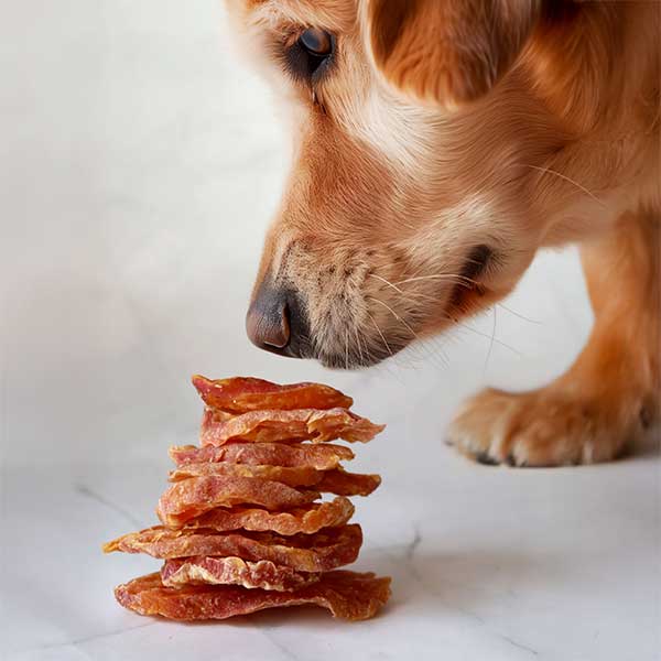 A Golden Retriever Sniffing a pile of Sweet Potato Chips in a white kitchen