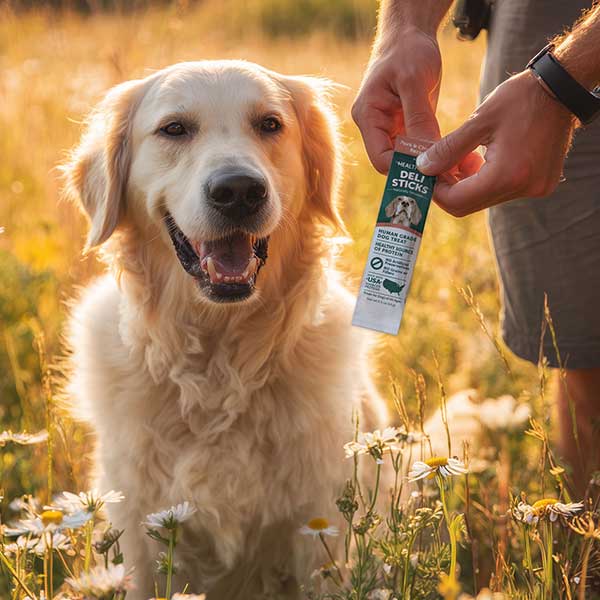 Golden Retriever at sunset with his owner getting a Pork and Chicken Healthfuls Deli Stick