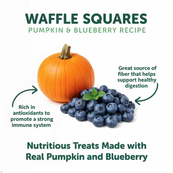 Healthfuls Waffle Squares Pumpkin and Blueberry recipe. Rich in antioxidants to promote a strong immune system. Great source of fiber that helps support healthy digestion. Nutritious Treats Made with Real pumpkin and blueberry. Photo of a pumpkin and blueberries.